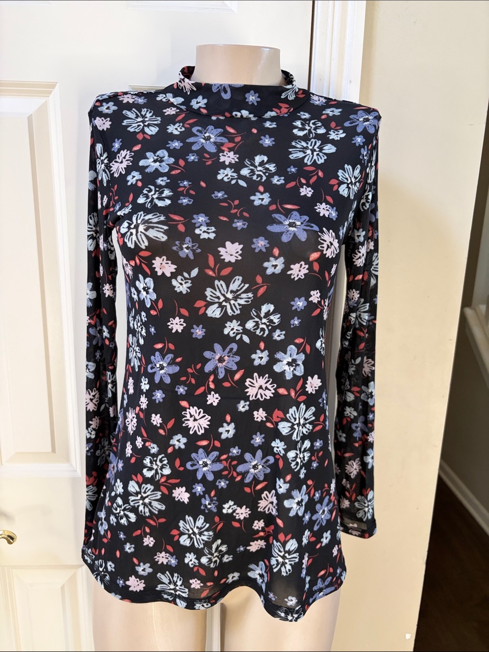 LOGO Layers by Lori Goldstein Black Floral Mock Neck Semi sheer mesh L/S Top,XS